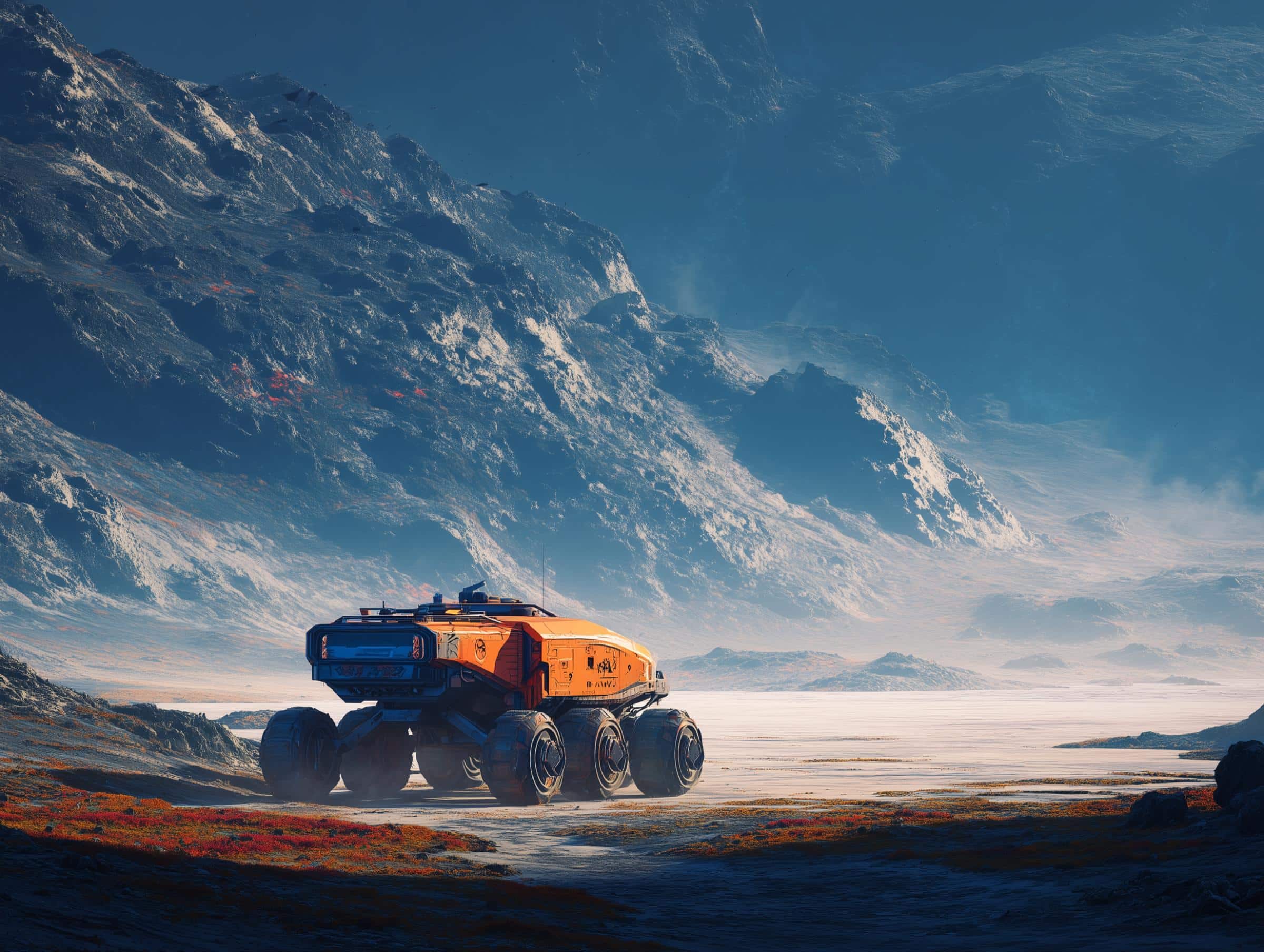 oranje marsvoertuig rijdt door futuristisch berglandschap onder blauwe hemel