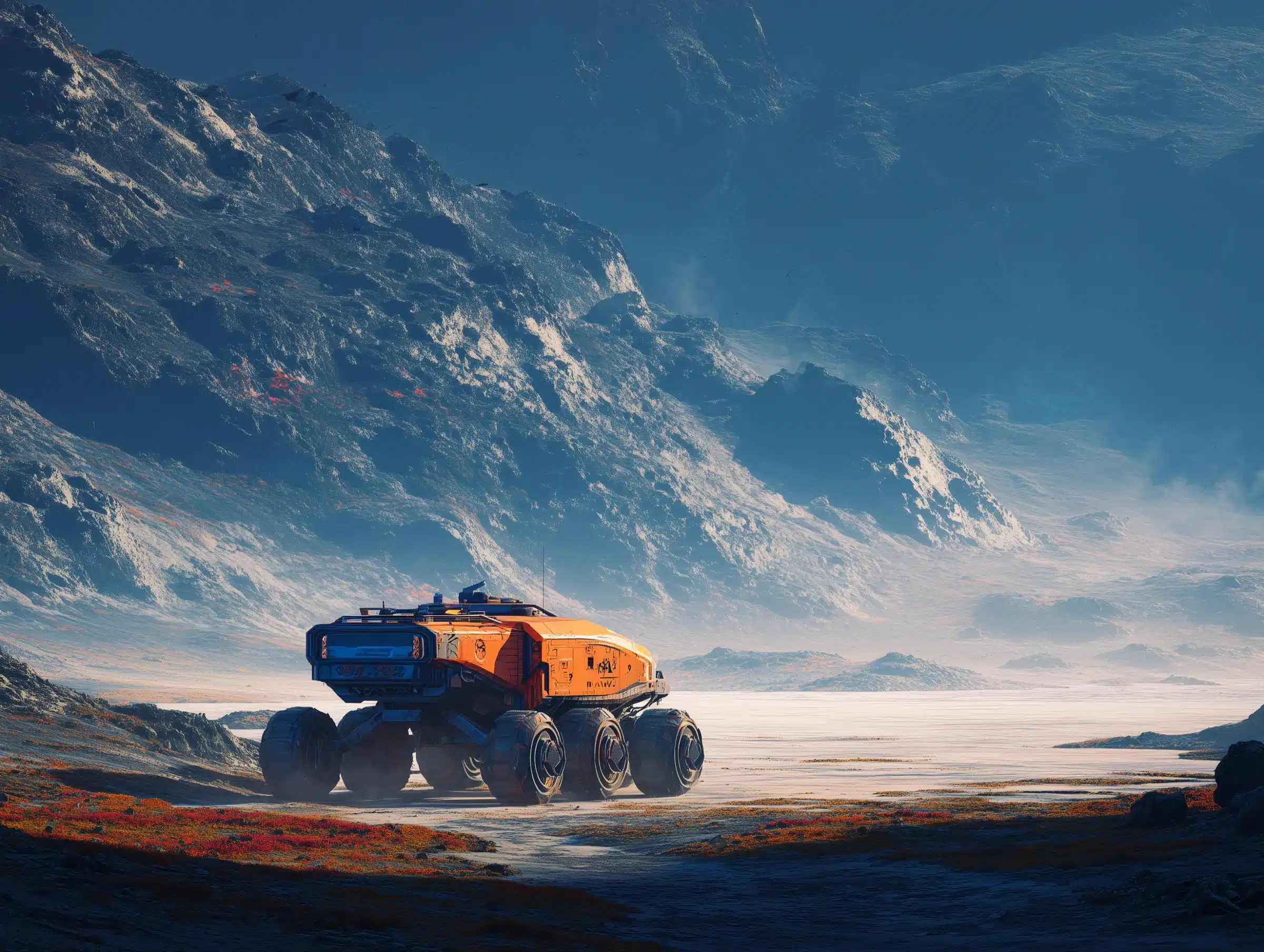 oranje marsvoertuig rijdt door futuristisch berglandschap onder blauwe hemel
