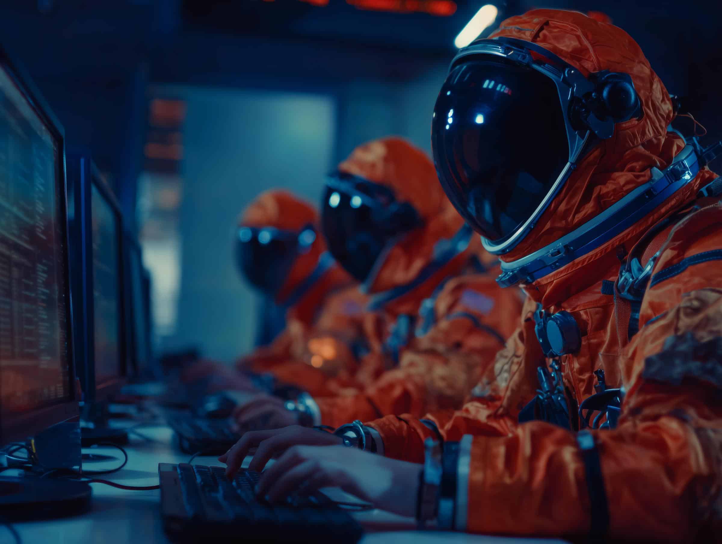 team in oranje ruimtepakken voert data-analyse uit aan computers als beeld voor ai analyse via quickscan